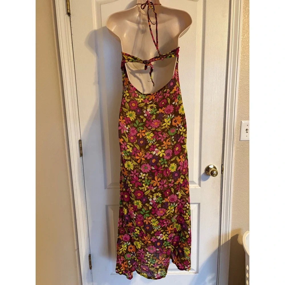 Free People Floral Halter Maxi Dress Brown Linen Blend O-Ring‎ Open Back Size 6
